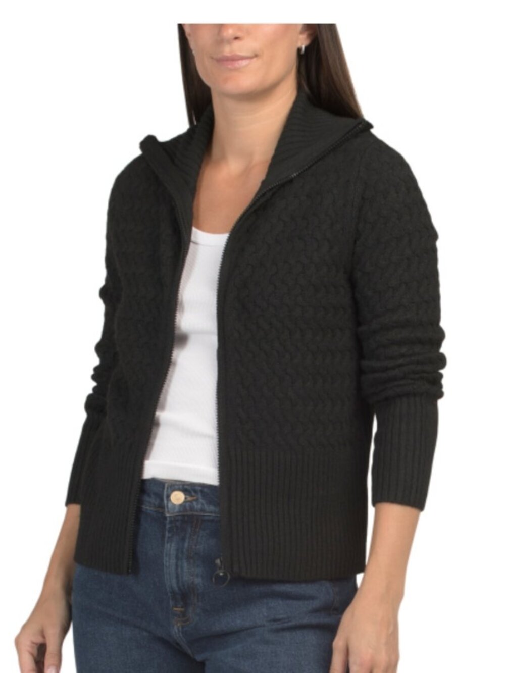 NWT VERVE AMI Zip Front Black Ribbed Cardigan